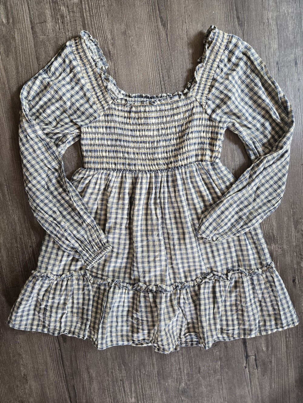 American Eagle Plaid Smocked Long Sleeve Mini Dress